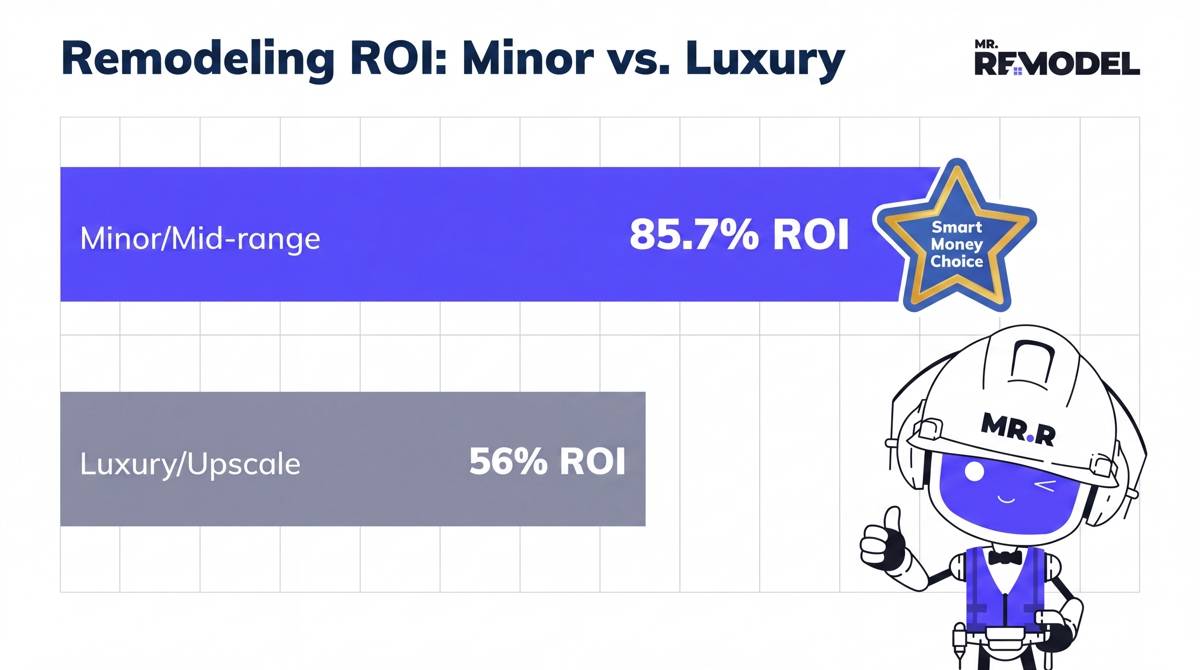 A financial ROI comparison infographic showing that minor and mid-range bathroom remodels yield much higher financial returns than expensive luxury renovations.